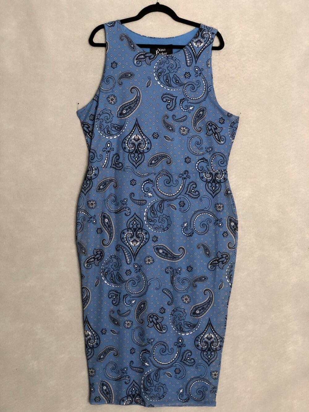 Nina Parker Paisley Print Dress Sleeveless Midi Blue Women's 1X NEW